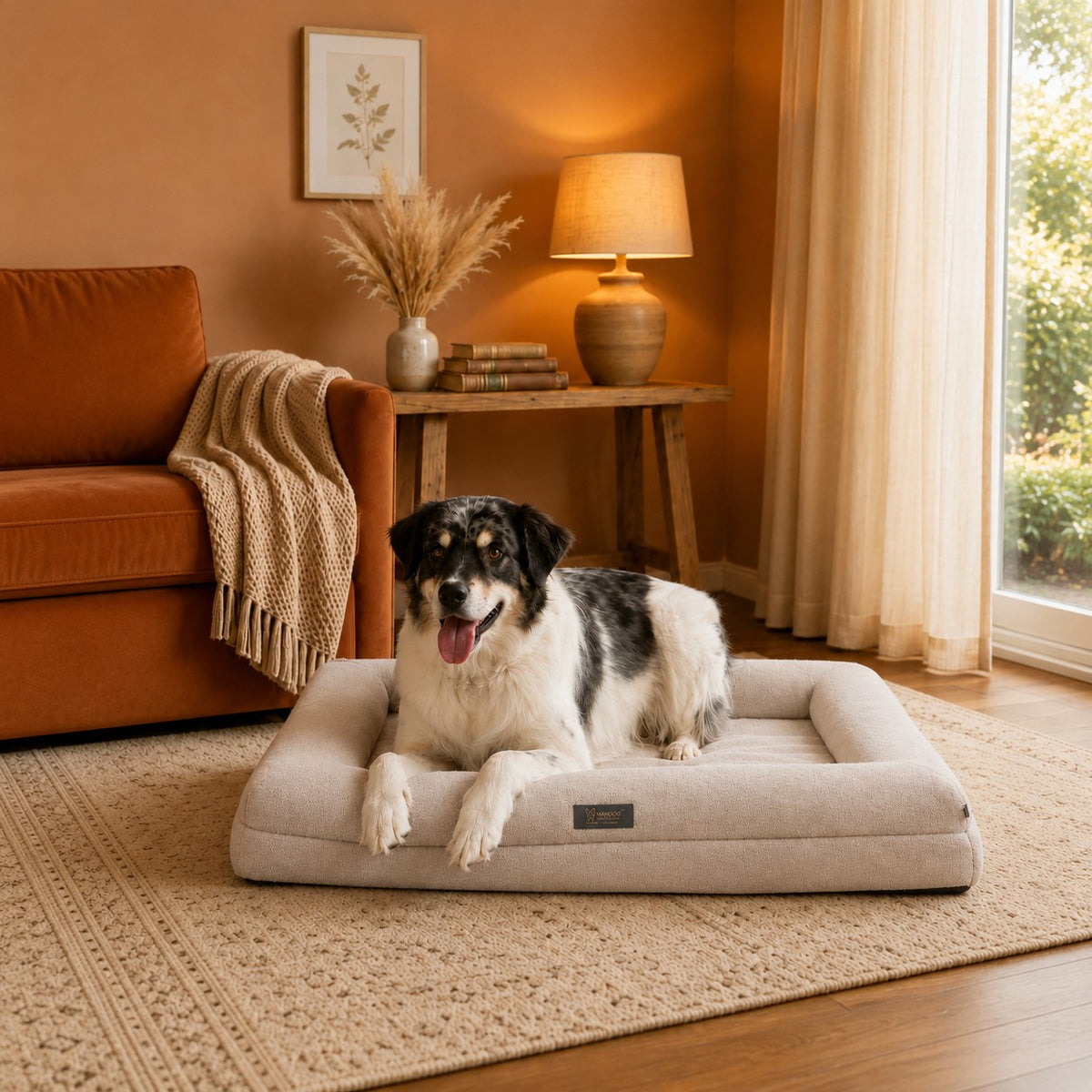 Happy dog relaxing on a Nandog designer dog bed in a cozy living room