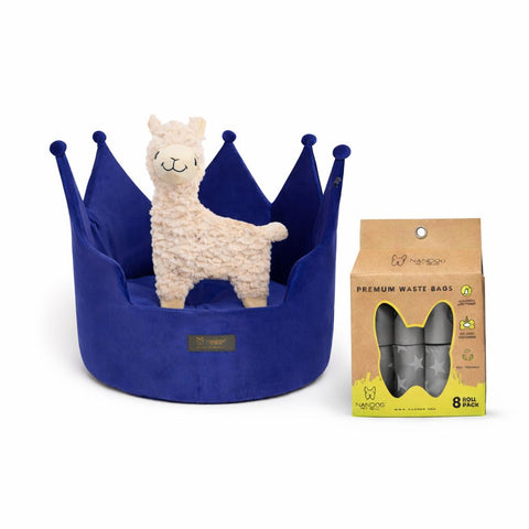 Nandog King Bundle – Blue Crown Bed, Alpaca Toy & Waste Bags Set